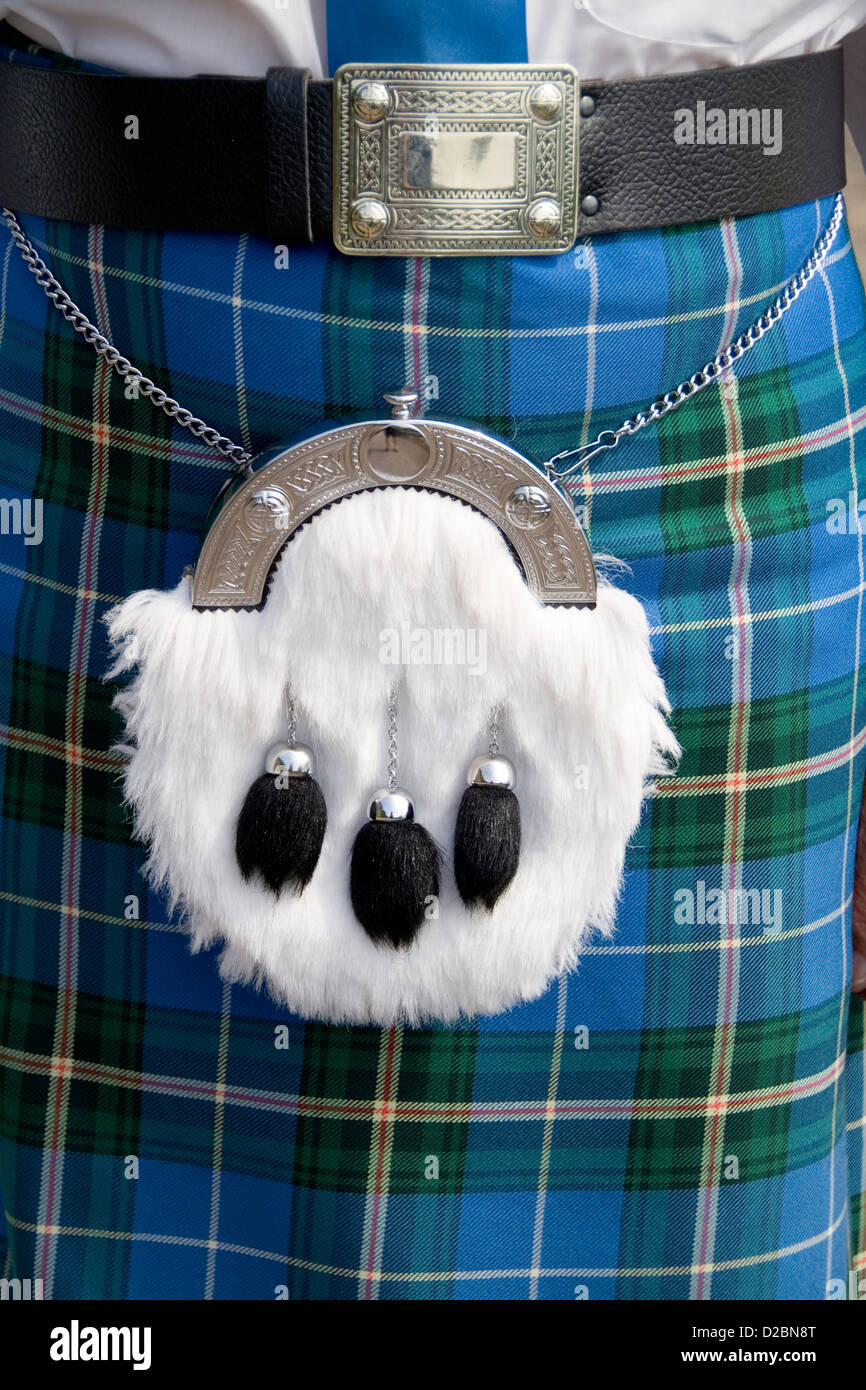 Closeup Of Outfit Of Bag Pipe Player At The Loch Ness Area Near Drumnadrochit, Scotland Stock Photo