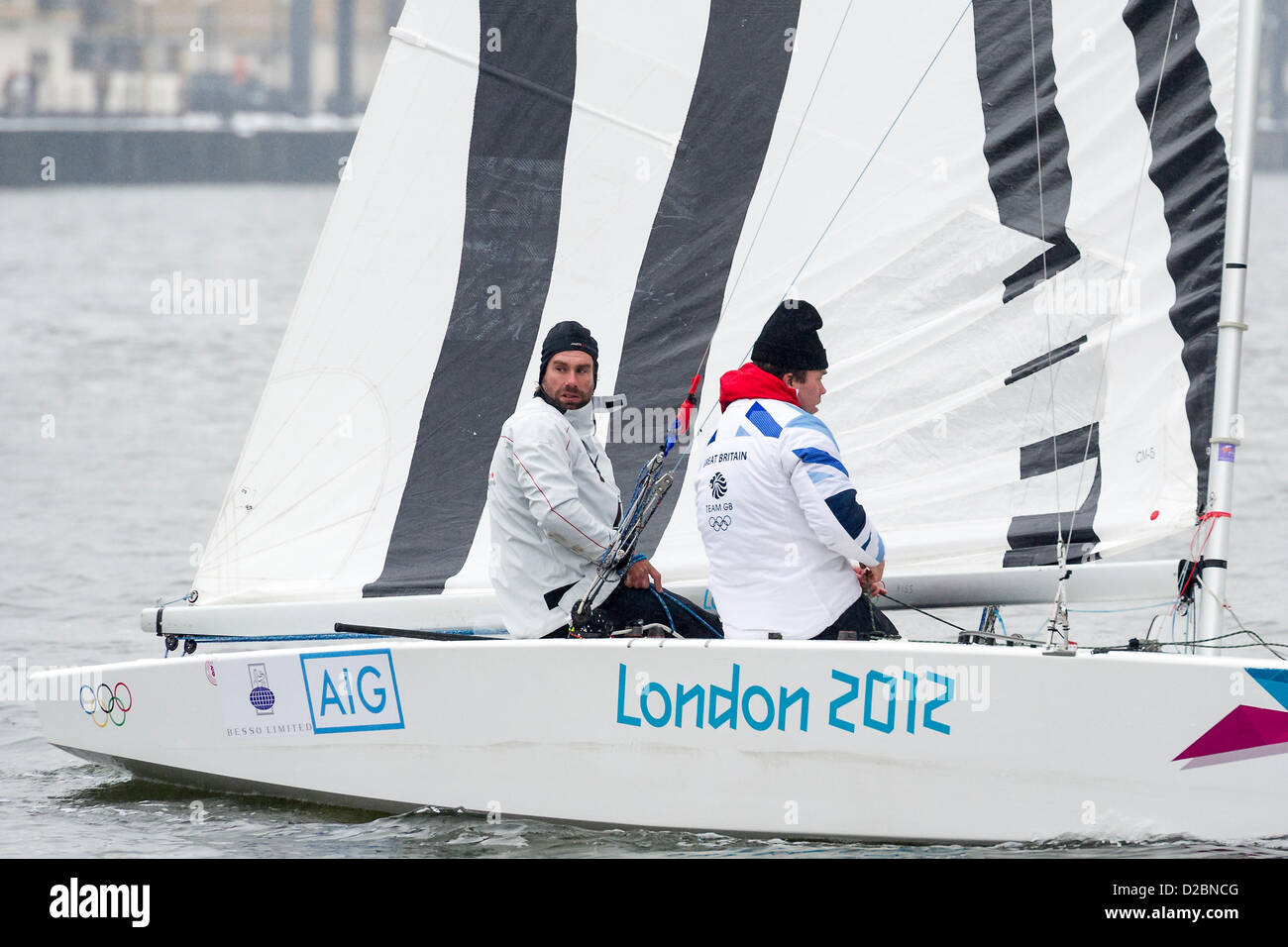 Star Class boats are raced by 20 Olympic and World champion sailors – including triple Olympic medalist Iain Percy, double Olympic medalist Andrew Simpson, Olympic medalists Pippa Wilson, Ian Walker, Luke Patience and Xavier Rohart .  They are using boats with sails designed by a range of artists -  Eine, Julian Opie, Goldie and David Begbie. This is the first time sailing and art has been brought together in a match racing series. The London Boat Show, Excel centre, Docklands, London, UK 19 January 2013. Stock Photo