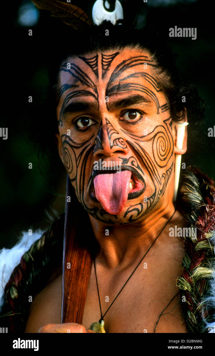 Maori Native Man With Tattoos And Body Paint Near Rotorua, New Zealand Stock Photo