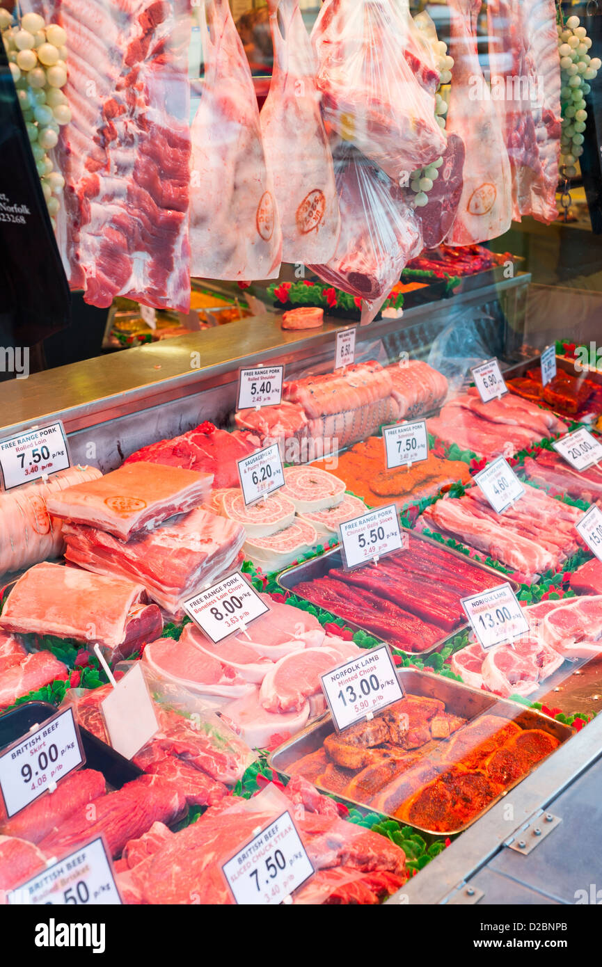 Traditional High Street Butchers Window Display, England Stock Photo 