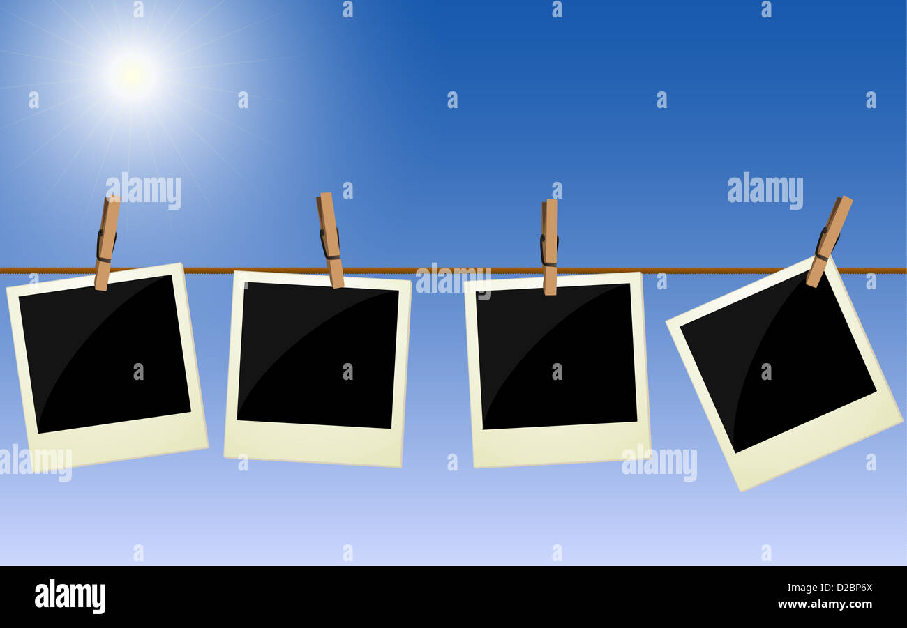 Four polaroid pictures hanging on rope against bright sky Stock Photo ...