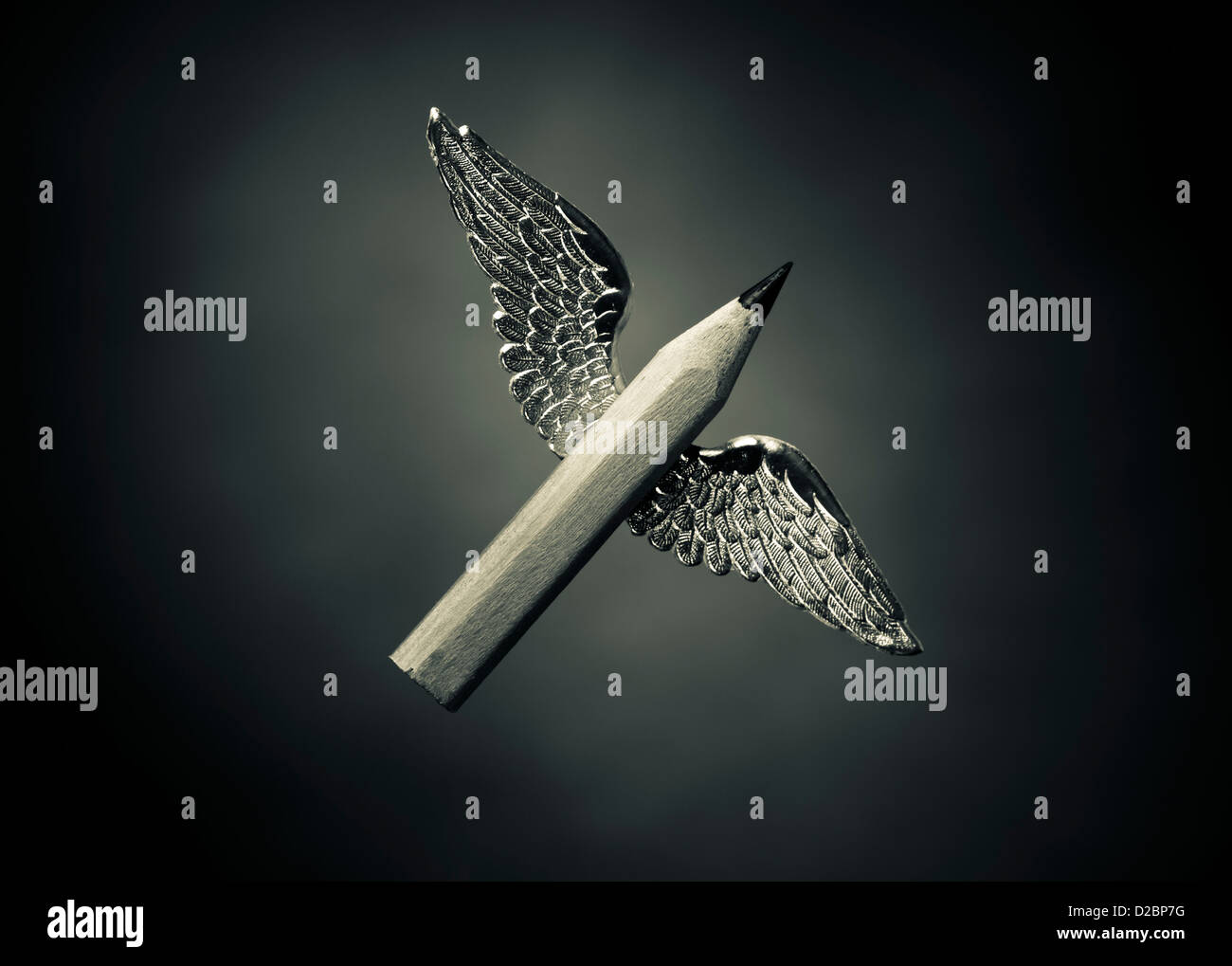 Winged words - Concept of creative writing. A short pencil with wings. Stock Photo