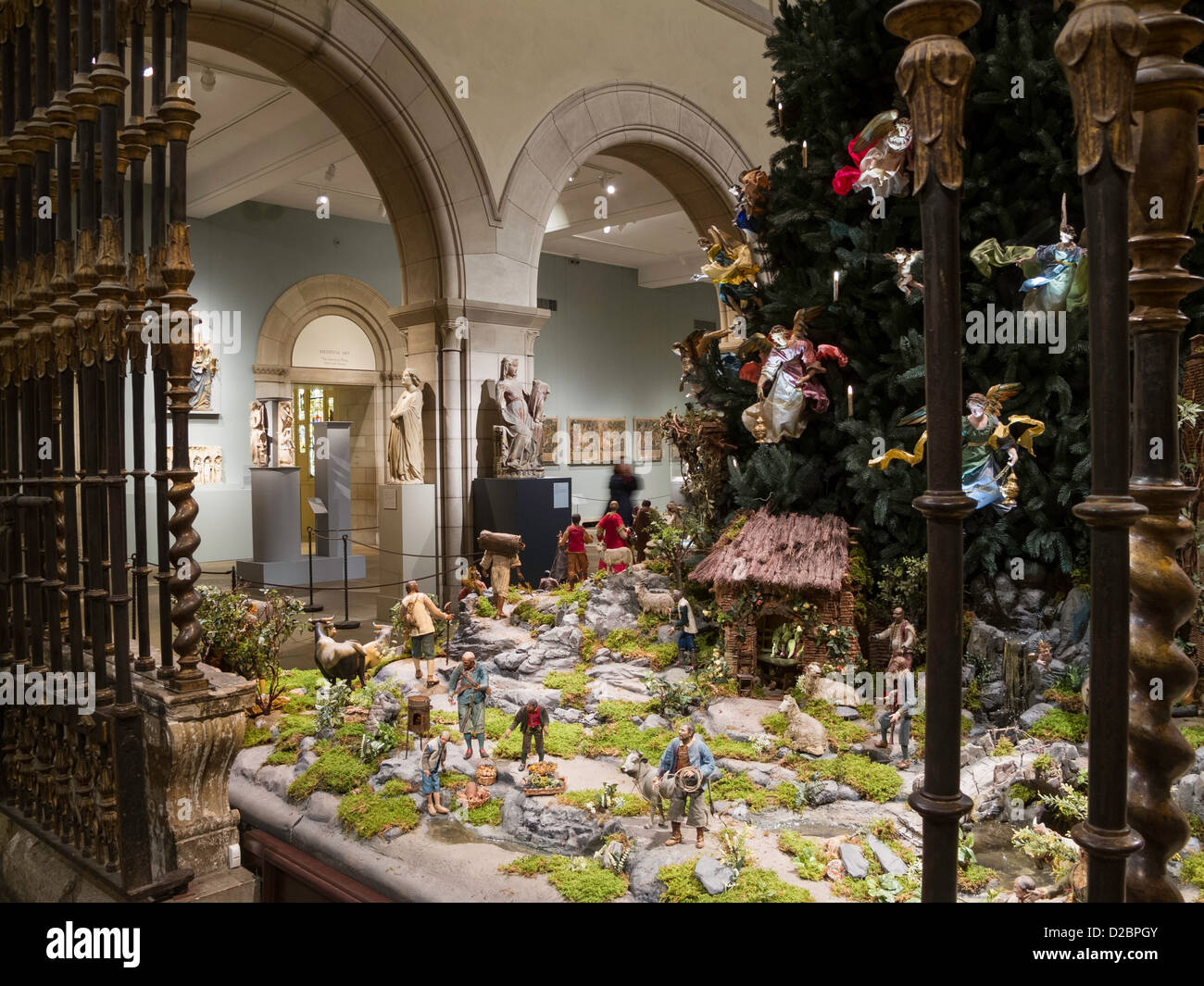 Christmas Tree and Huge  Nativity Scene Medieval Sculpture Hall, The Metropolitan Museum of Art, NYC Stock Photo