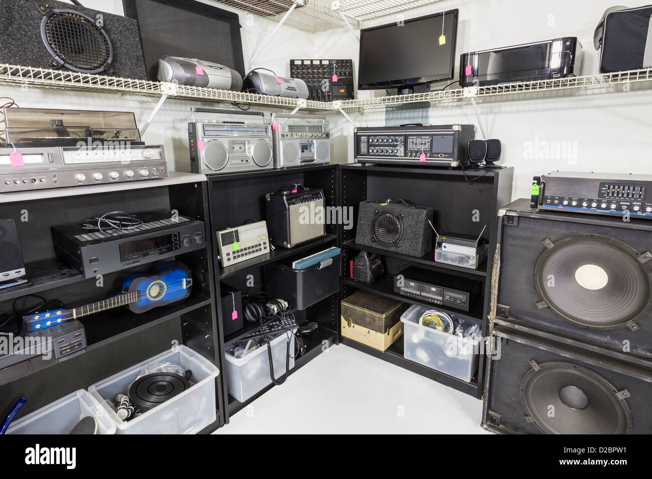 Interior music and electronics store with second hand vintage equipment. Stock Photo