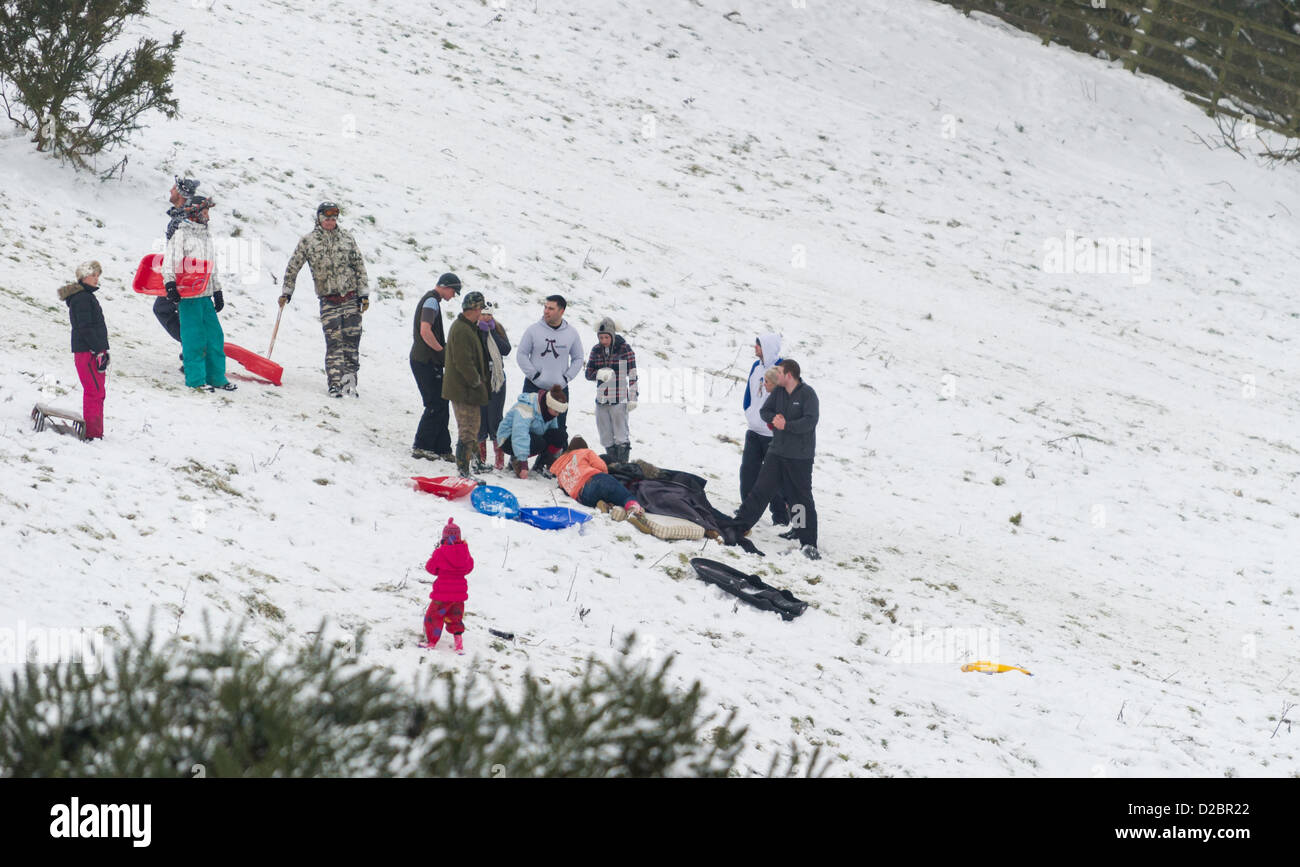 Burrough on the Hill, Leicestershire, UK.  The Lincs and Notts Air  Ambulance is called to a casualty who attempted to sledge down a steep hill on an arm chair, Saturday 19th January 2013. Stock Photo