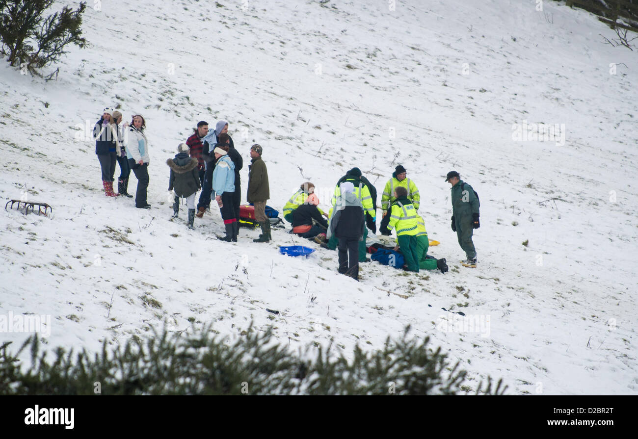 Burrough on the Hill, Leicestershire, UK.  The Lincs and Notts Air  Ambulance is called to a casualty who attempted to sledge down a steep hill on an arm chair, Saturday 19th January 2013. Stock Photo