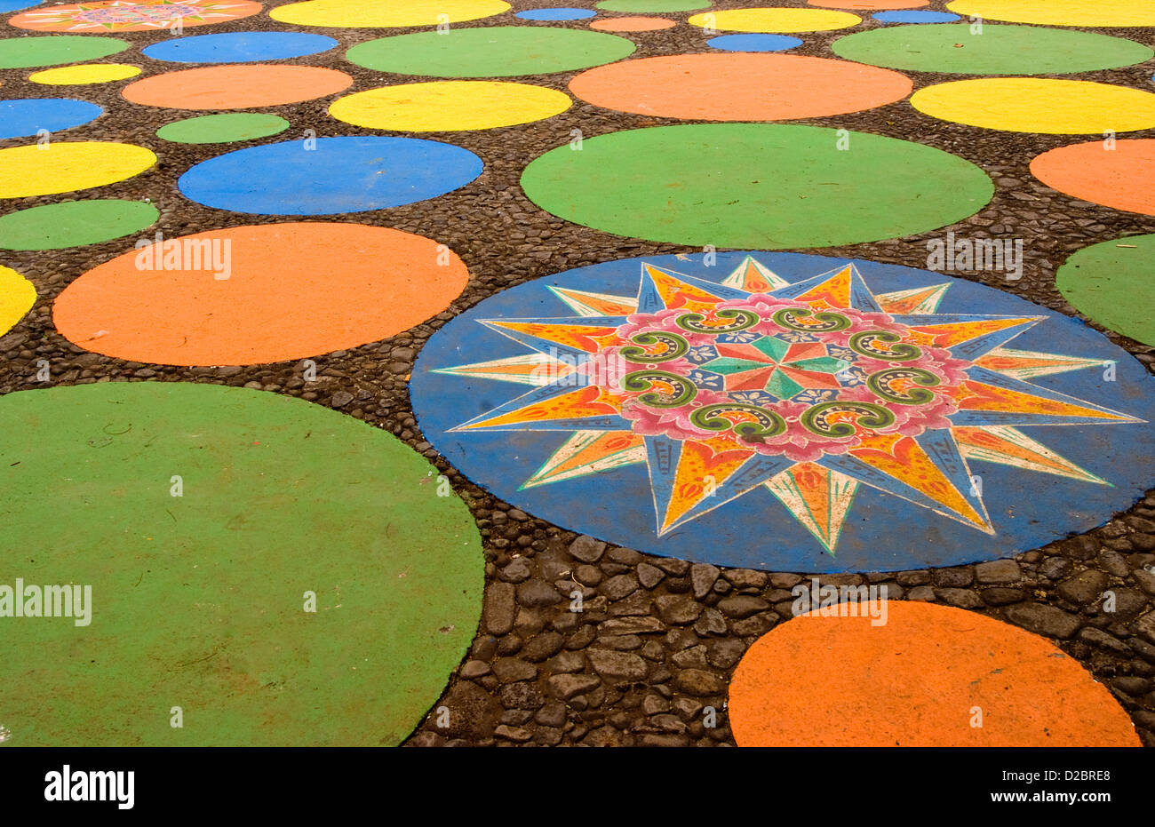 Old Cathedral Church And Painted Dots On Pavement In Sarchi Norte In Costa Rica. Stock Photo