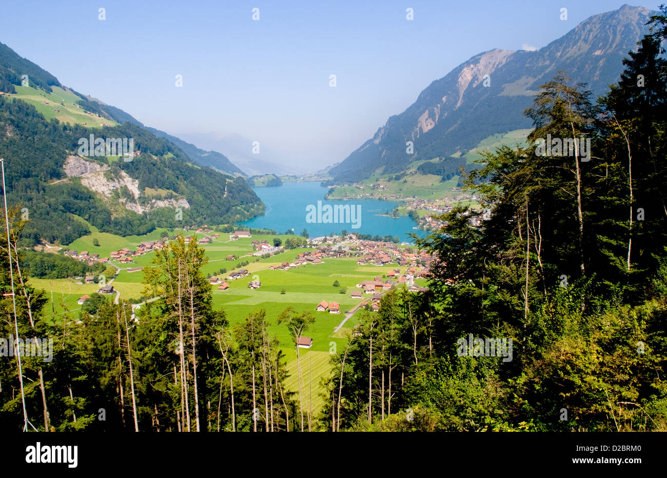 Panoramic From Above Mountain Village Of Brunig In Swiss Alps Of Switzerland Stock Photo
