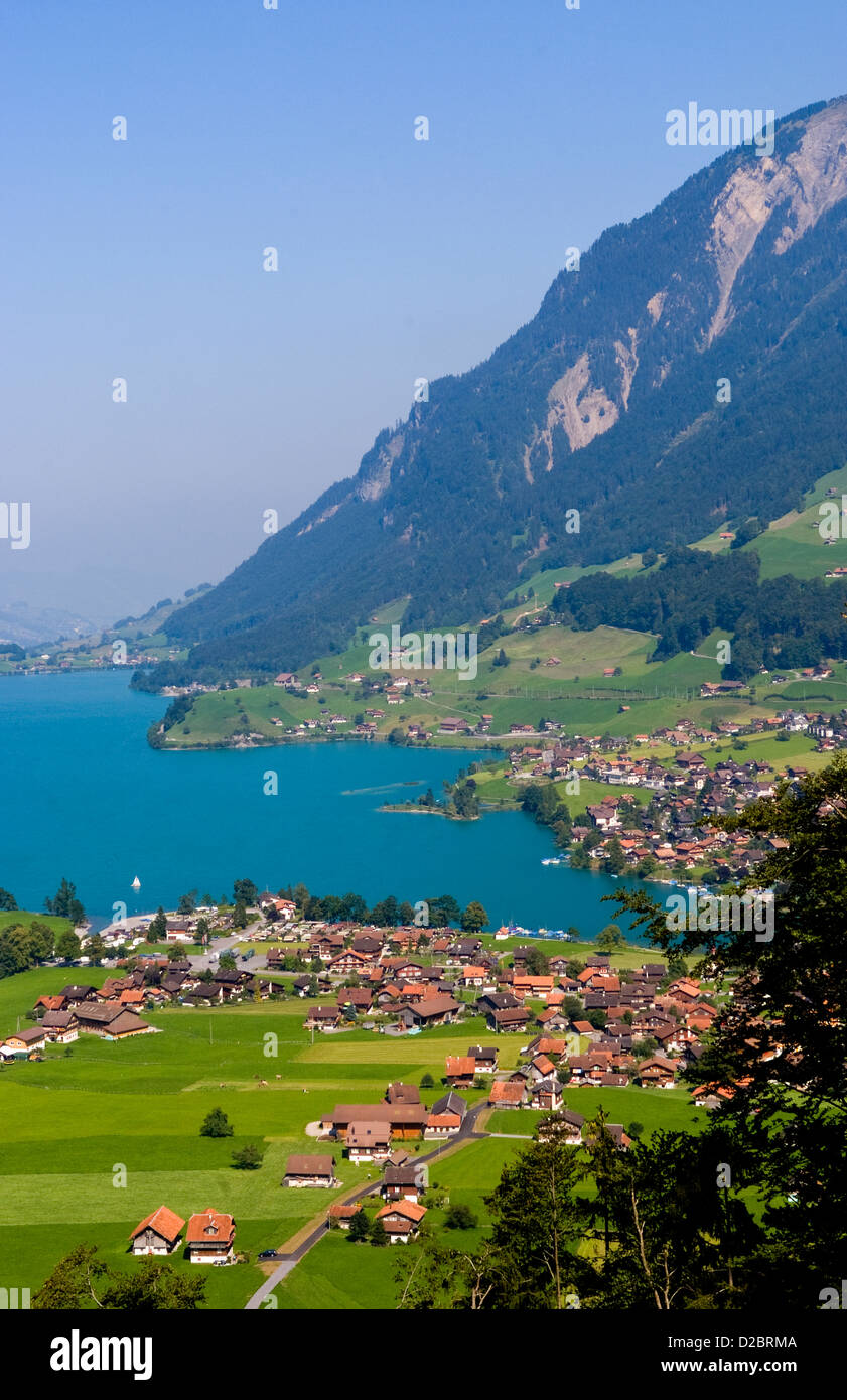 Panoramic From Above Mountain Village Of Brunig In Swiss Alps Of Switzerland Stock Photo