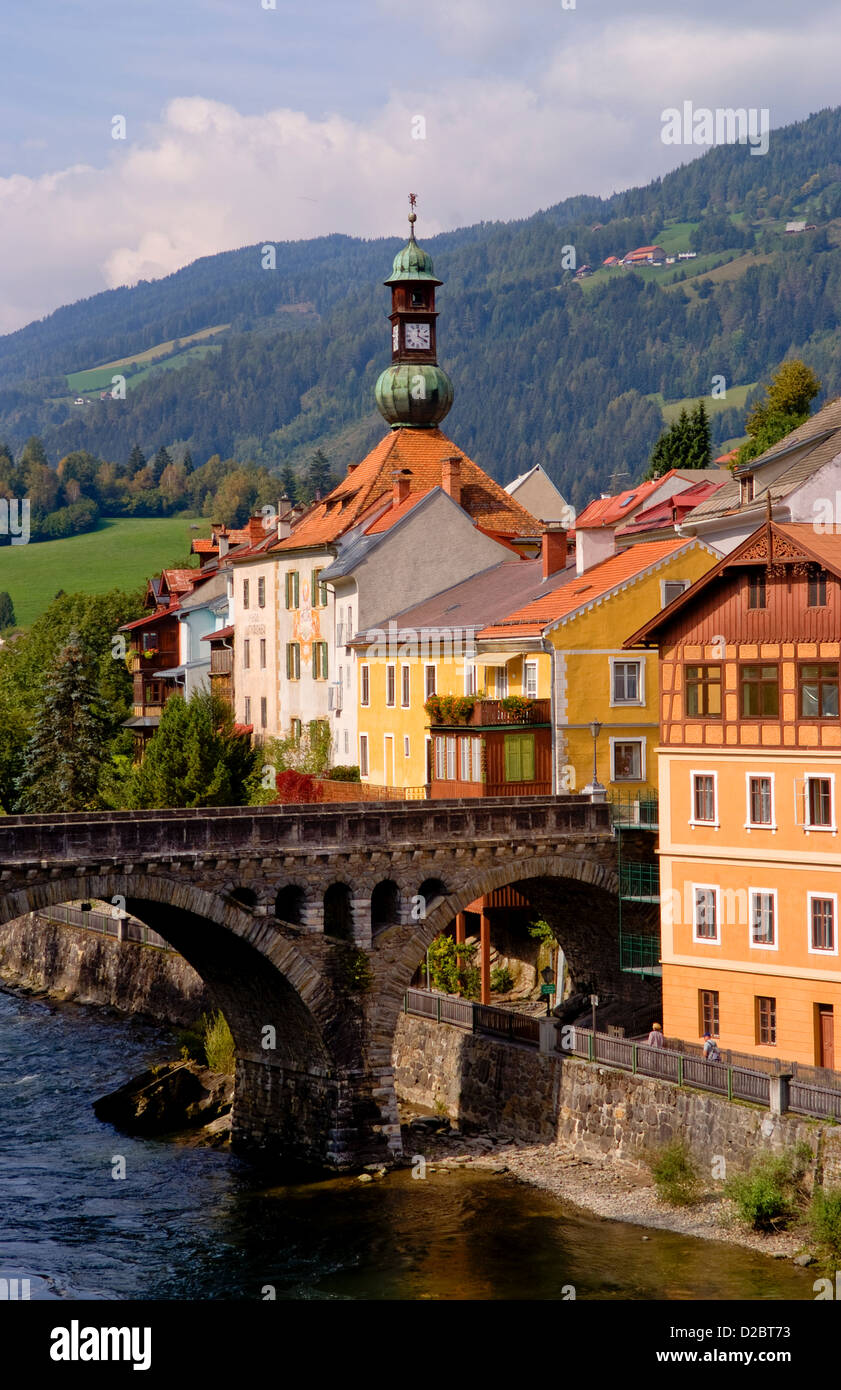 Town Of Murau, Austria Downtown And Churches And Mur River Stock Photo