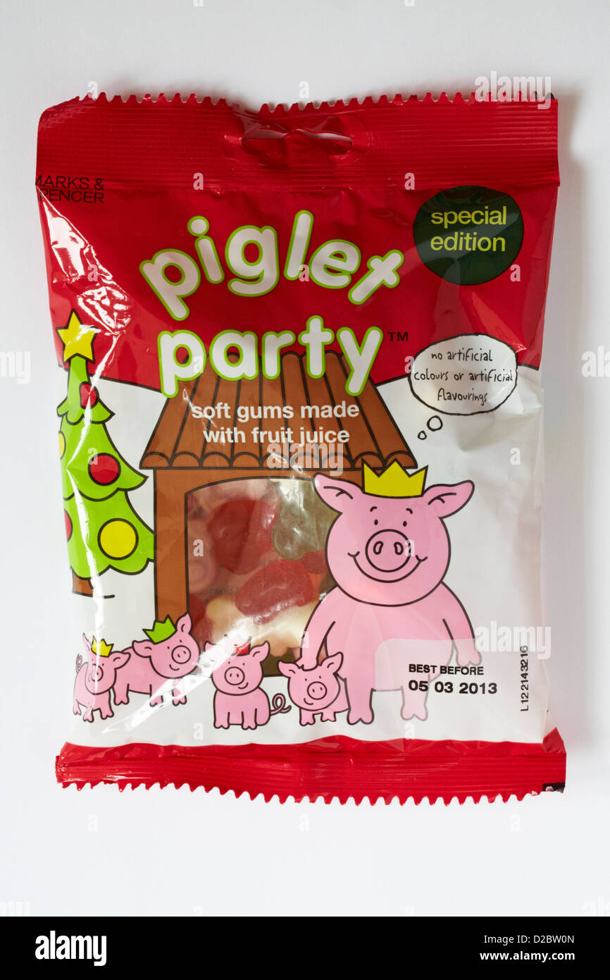 Packet of Marks & Spencer special edition piglet party soft gums made with fruit juice isolated on white background Stock Photo