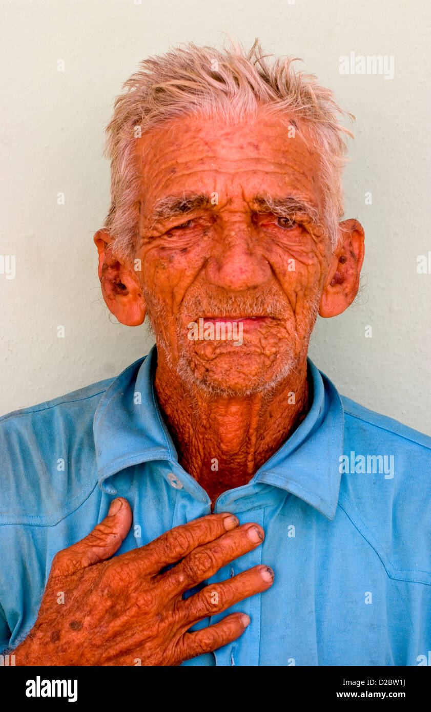 Old Man With Wrinkles Portrait In Old Colonial Village Of Trinidad, Cuba Stock Photo