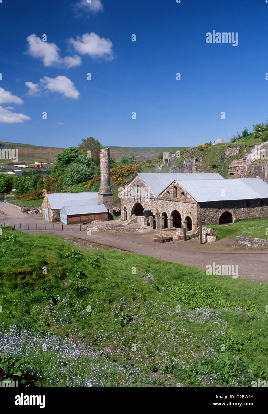 Blaenavon Ironworks and view across valley to Big Pit UNESCO World Heritage Site Blaenavon Torfaen Valleys South Wales UK Stock Photo