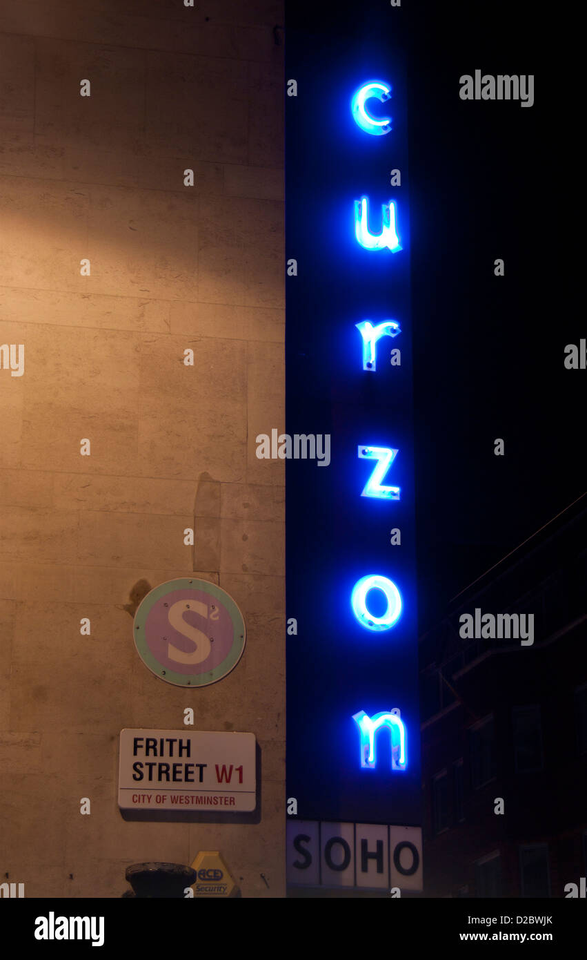 Curzon Cinema neon sign Shaftesbury Avenue / Frith Street Soho West End London England UK Stock Photo