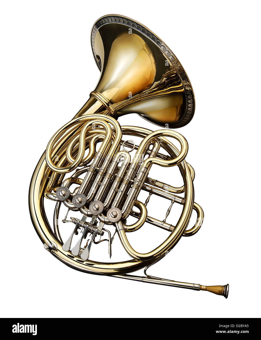 French horn wind instrument. On a white background Stock Photo