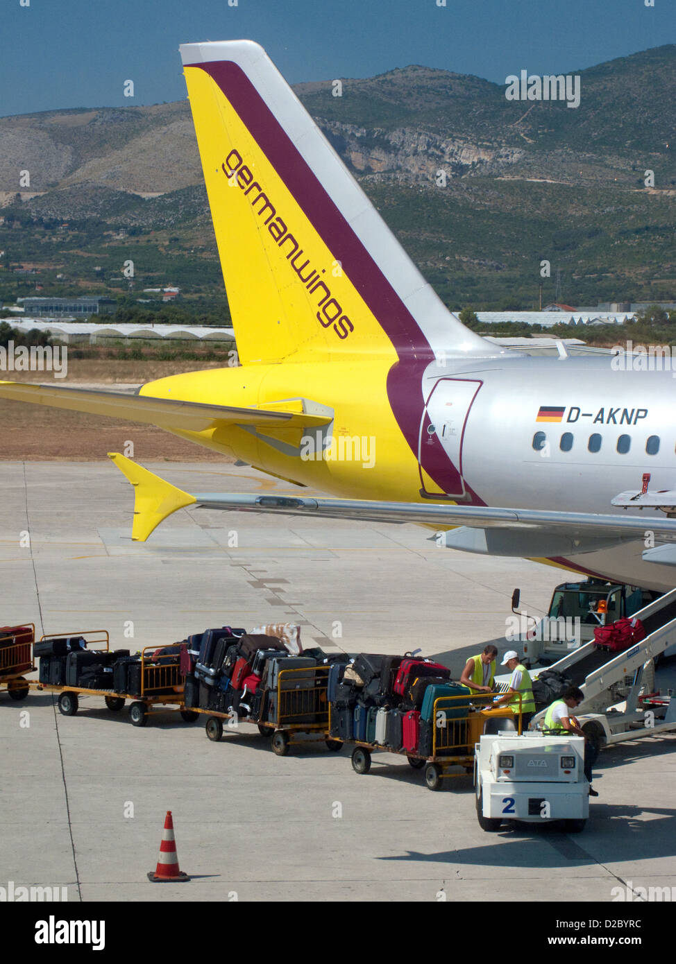 Split, Croatia, the German luggage on aircraft wings at Split Airport Stock Photo
