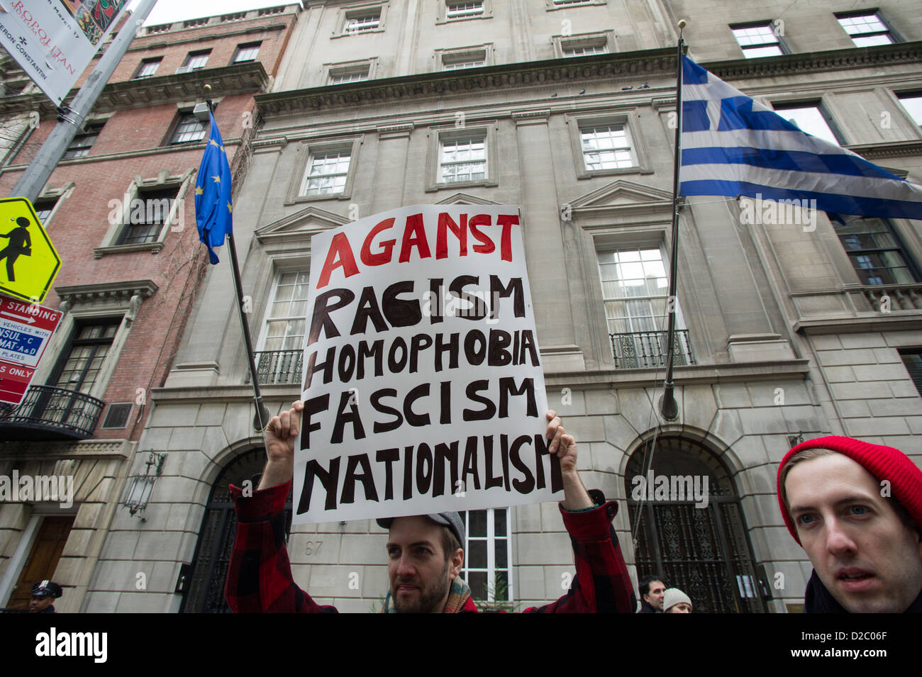 Supporters of democracy in Greece protest against the rise of the Golden Dawn political party at the Greek Consulate in NY Stock Photo