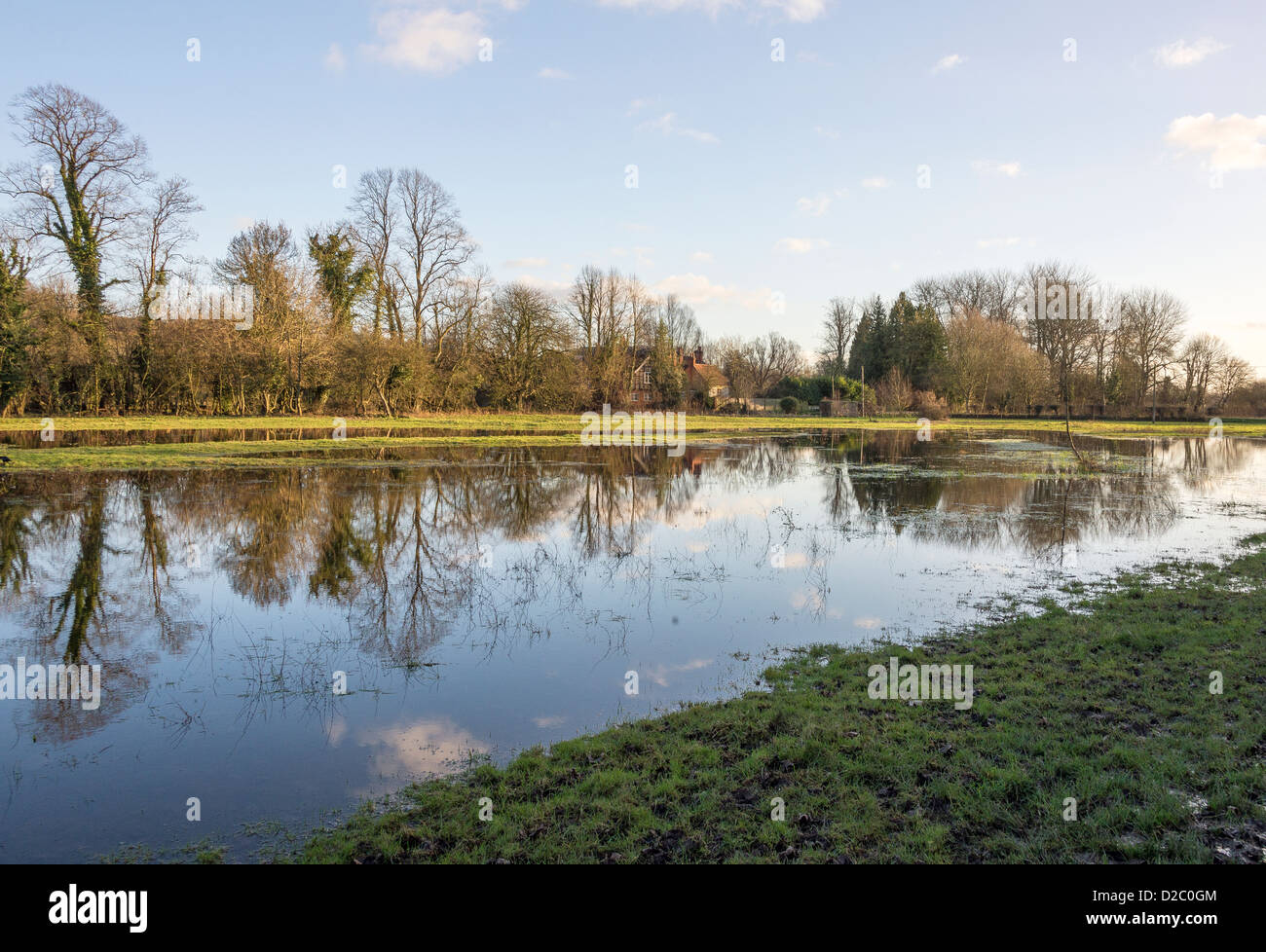 Flood plains full of water after the River Itchen burst its banks after days of heavy rain in Winchester, England, UK Stock Photo
