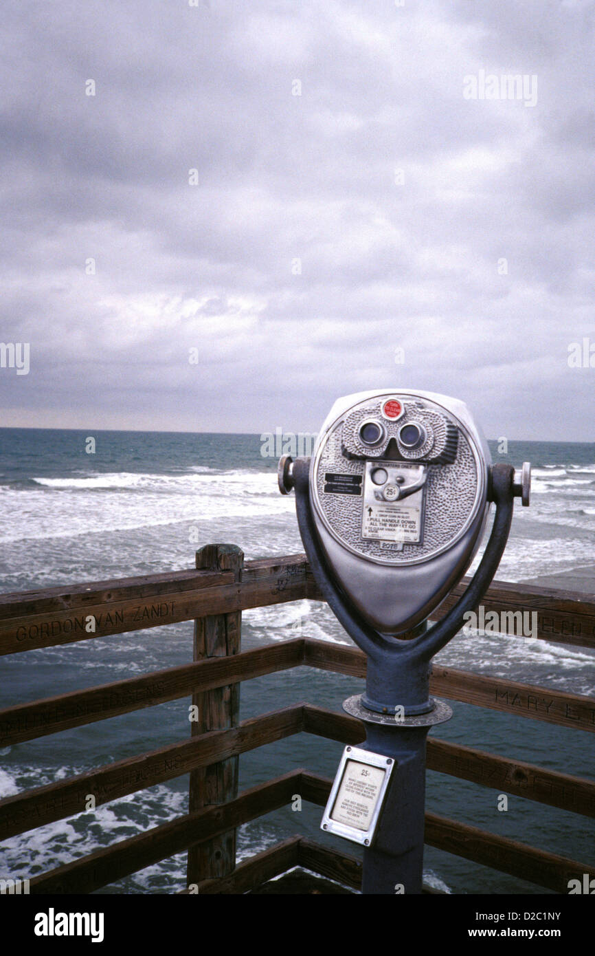 California, Oceanside. Binocular Viewer On Pier. Stock Photo