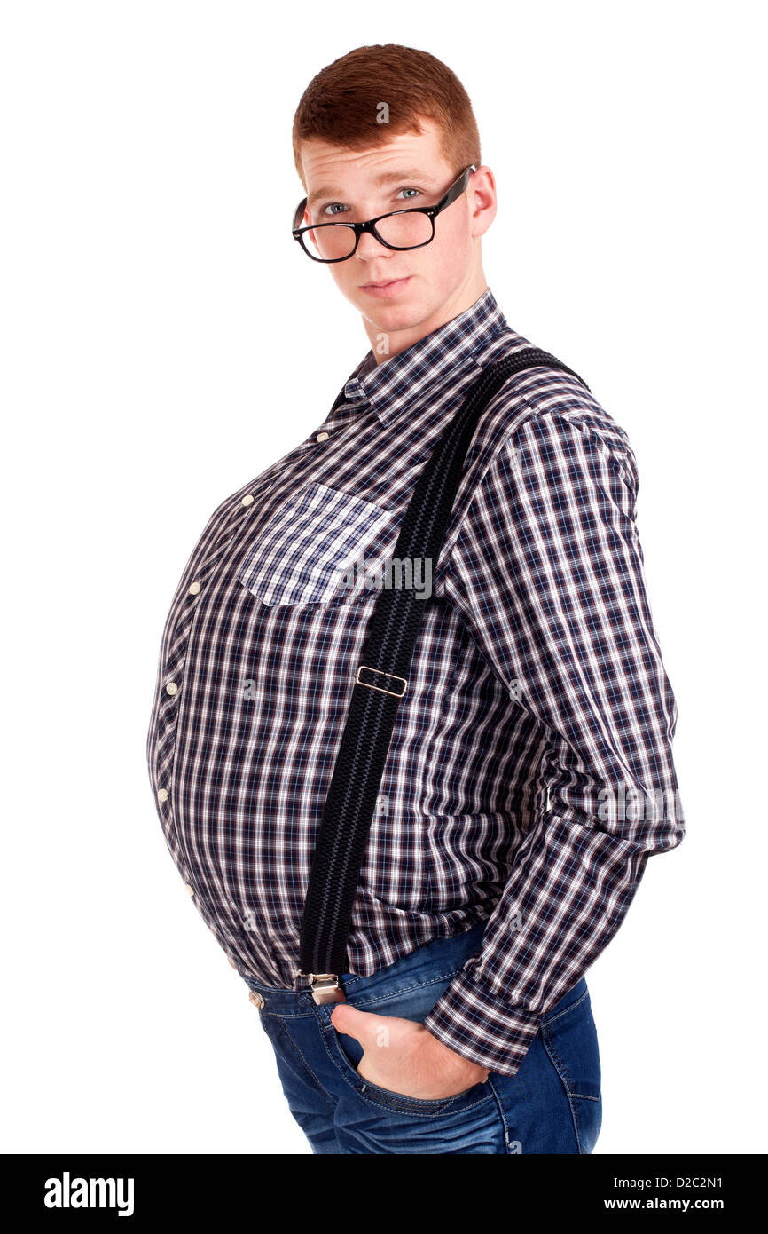 Portrait of young man with big belly Stock Photo