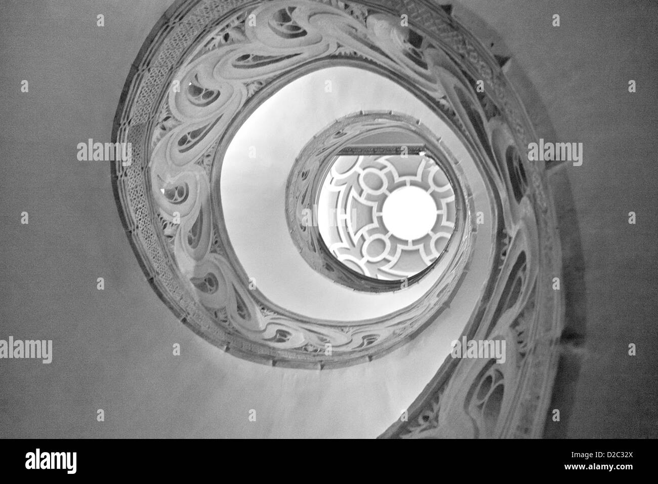 An abstract black and white photo of the spiral staircase, Pamplona Cathedral. Stock Photo