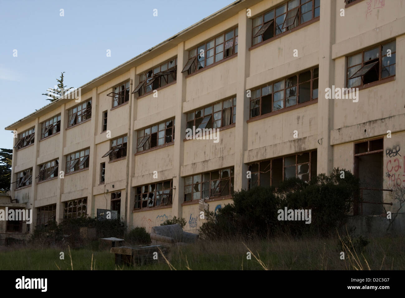 A vandalized abandoned building at Fort Ord, in Seaside, California