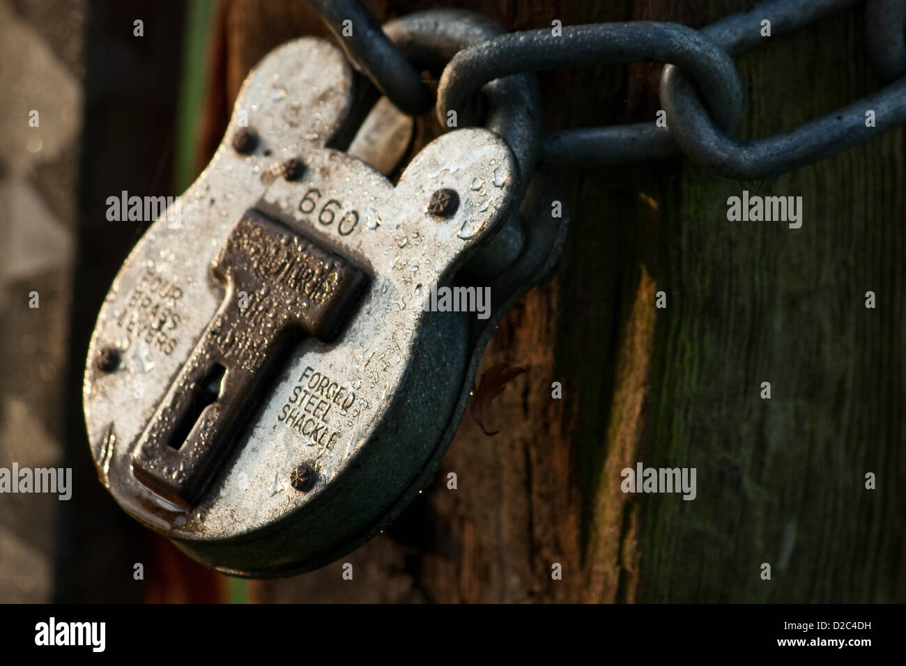 A field gate lock covered in morning dew Stock Photo Alamy