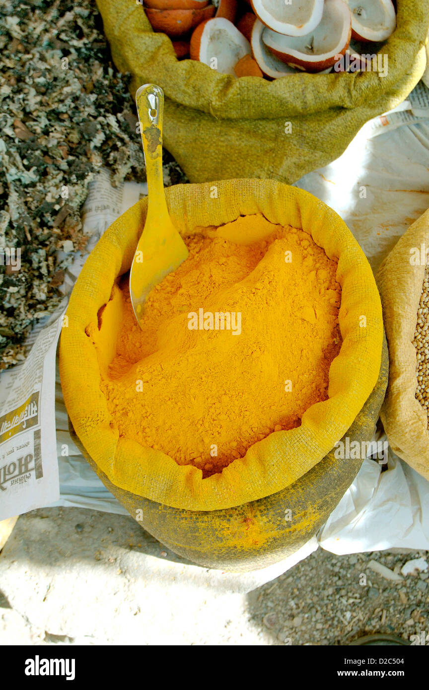 Indian Spice Turmeric Kept In Jute Bag For Sale In A Market In India Stock Photo