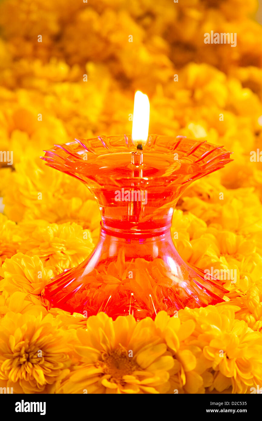 Hybrid Zinnia Flowers Orange Color, And Plastic Oil Lamp, India Stock