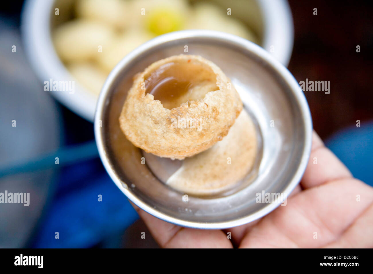 Chaat. Spicy Fast Food, Pani Puri Or Golgappa Served In Dish, Puchaka, Dakshineshwar, Calcutta Now Kolkata, West Bengal, India Stock Photo