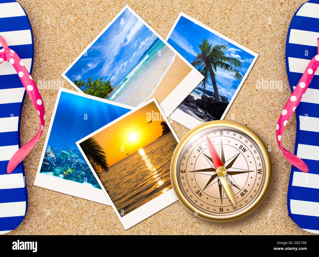 Traveling photos collage with compass on sand beach Stock Photo