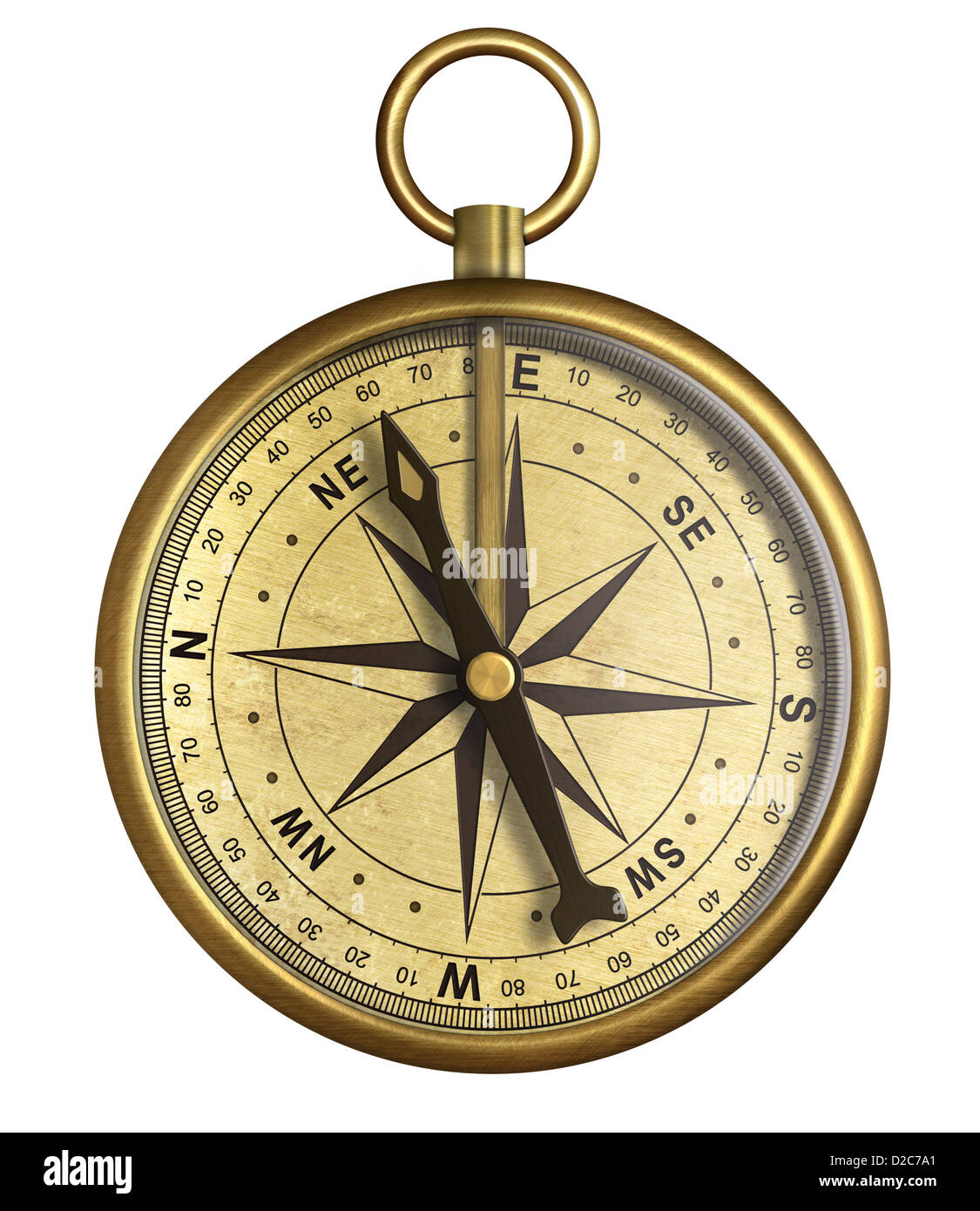 aged brass antique nautical pocket compass isolated on white Stock