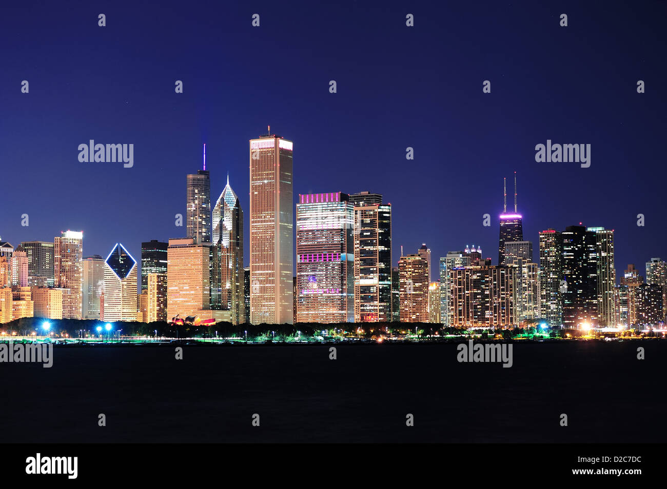 Chicago city downtown urban skyline at dusk with skyscrapers over Lake ...