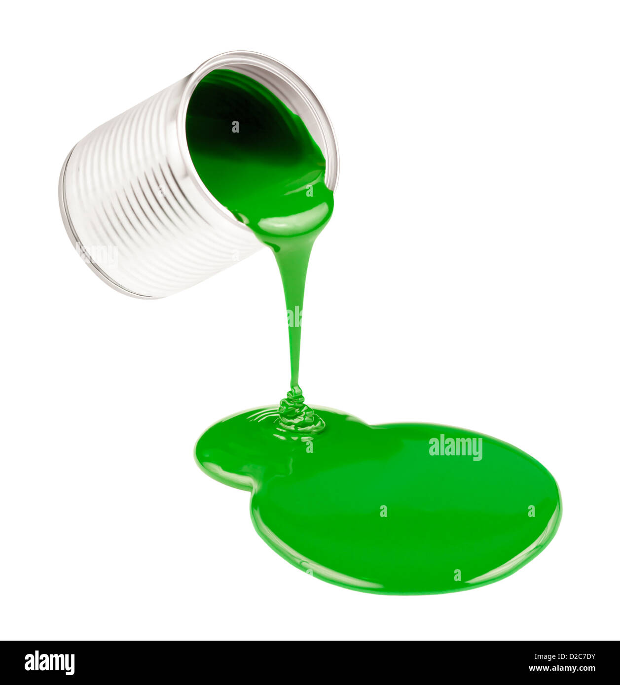 Green liquid paints spouting from can isolated Stock Photo