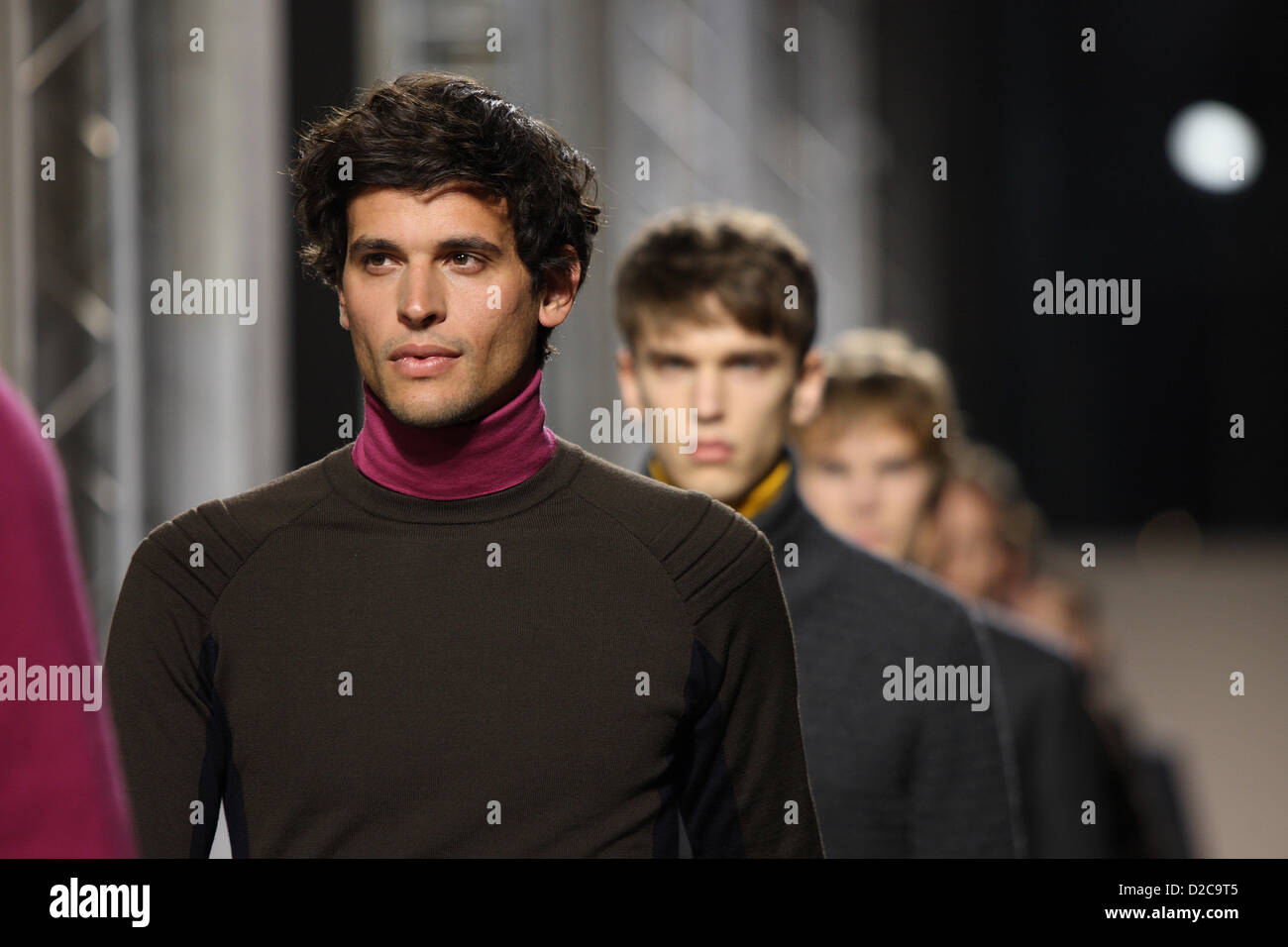 A model wears a creation by French designer Veronique Nichanian as part of the Hermès fall/winter 2013/2014 collection presented during the Paris Men's fashion week, in Paris, France, 19 January 2013. Paris Men's fashion shows run until 20 January 2013. Photo: Hendrik Ballhausen/dpa Stock Photo