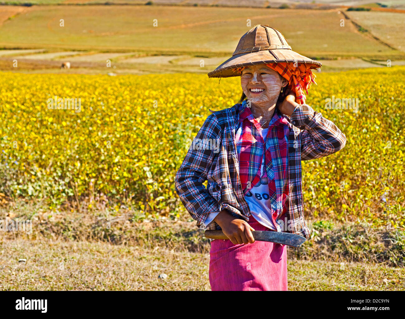 Burmese tribal girl farmer tends her fields in Pindaya, Myanmar. Stock Photo