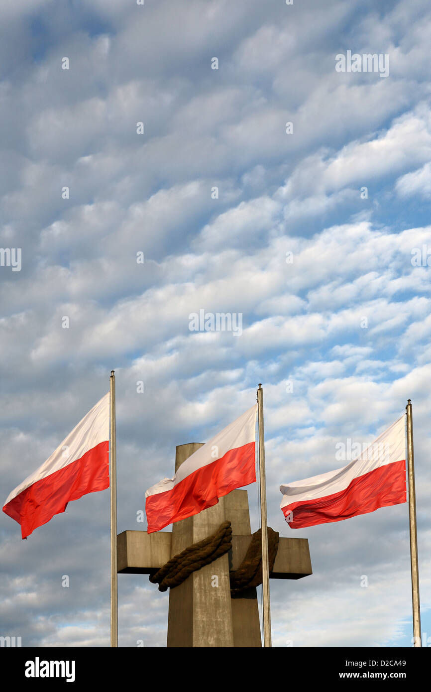Poznan, Poland, flags fly in front of the monument of the Wielkopolska Uprising on the day of independence Stock Photo