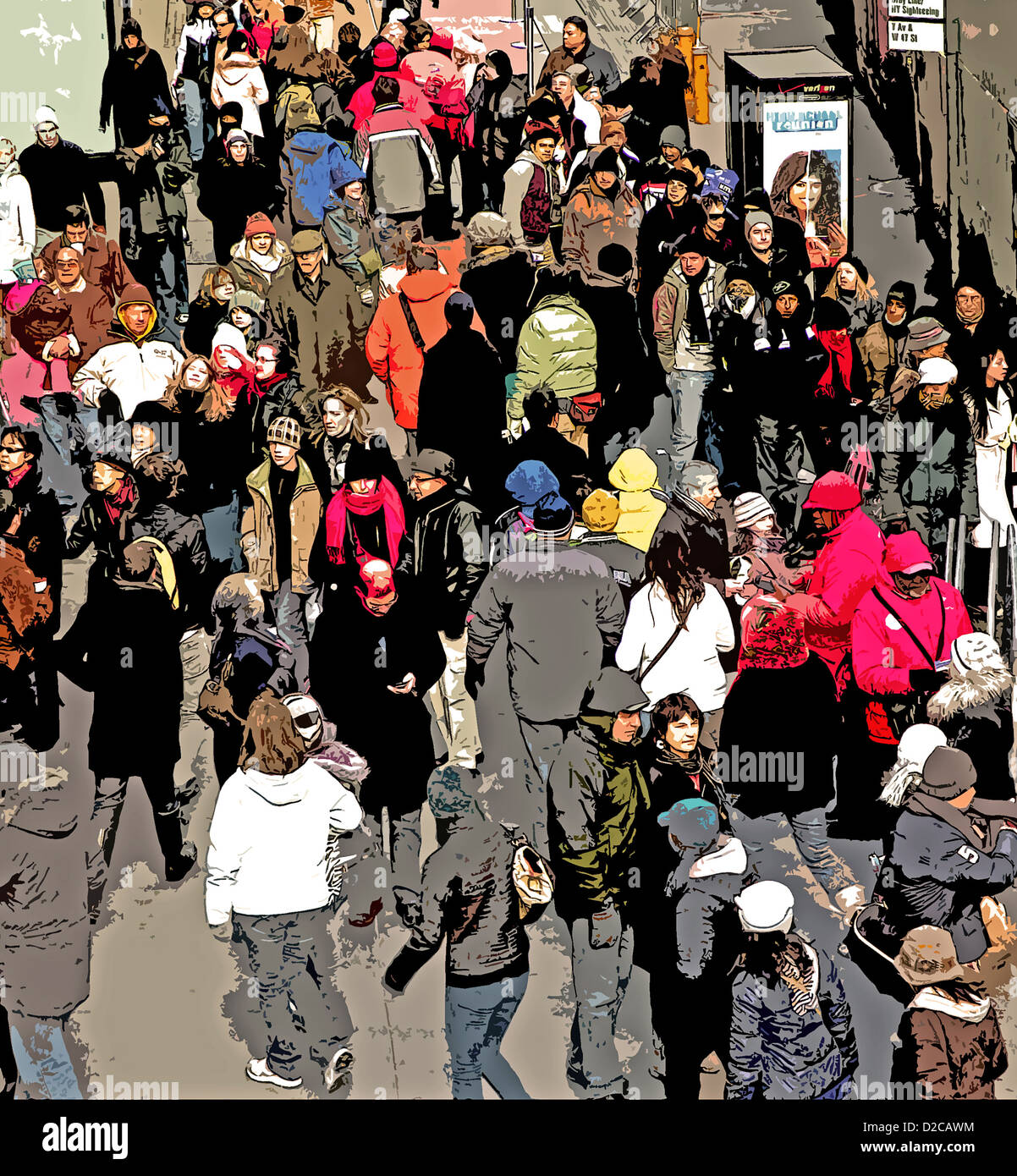 Crowd scene in Midtown Manhattan New York City with colors manipulated in Photoshop. Stock Photo