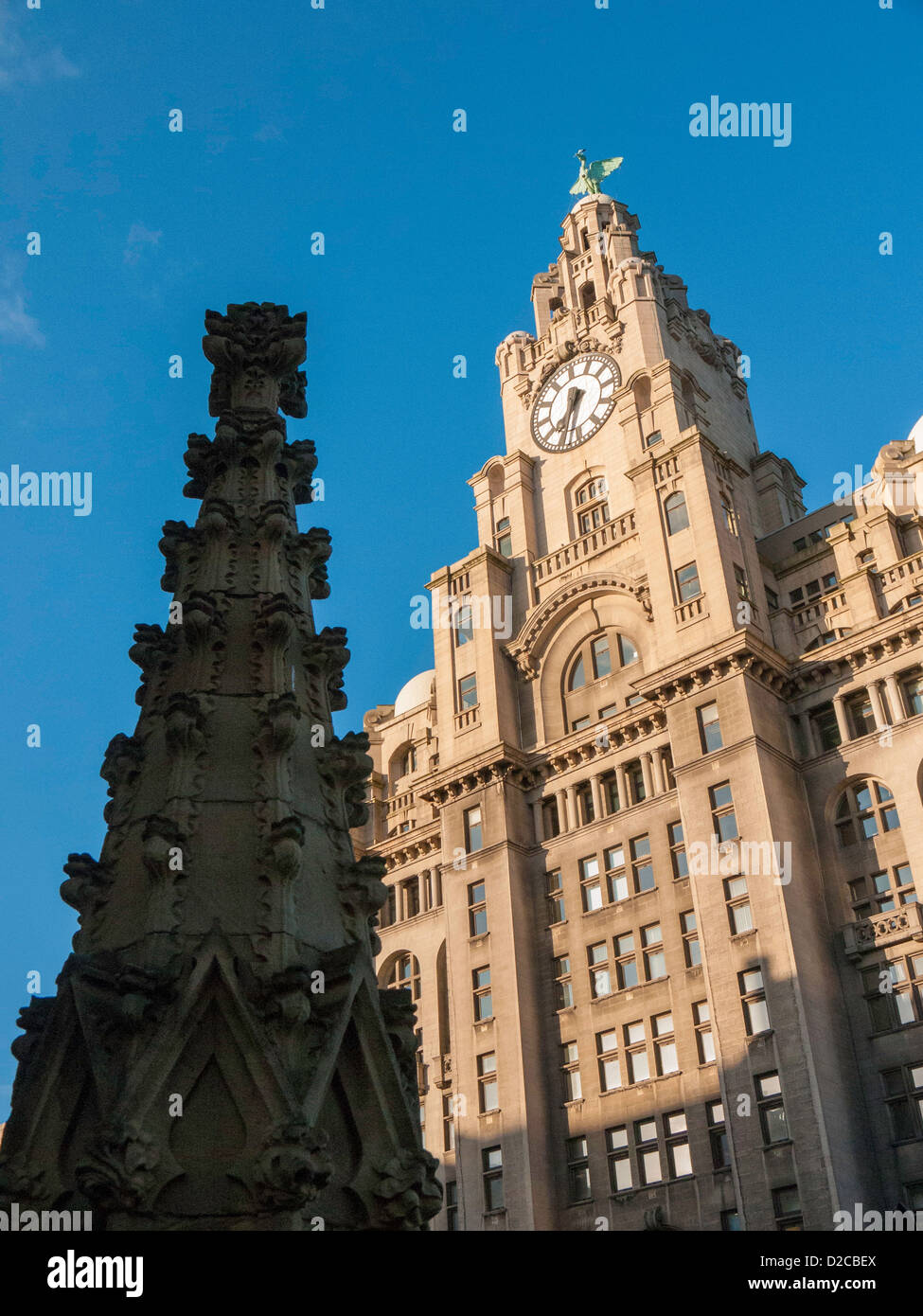 Royal Liver Building, Liverpool, UK from the grounds of Liverpool Parish Church Our Lady and Saint Nicholas Stock Photo