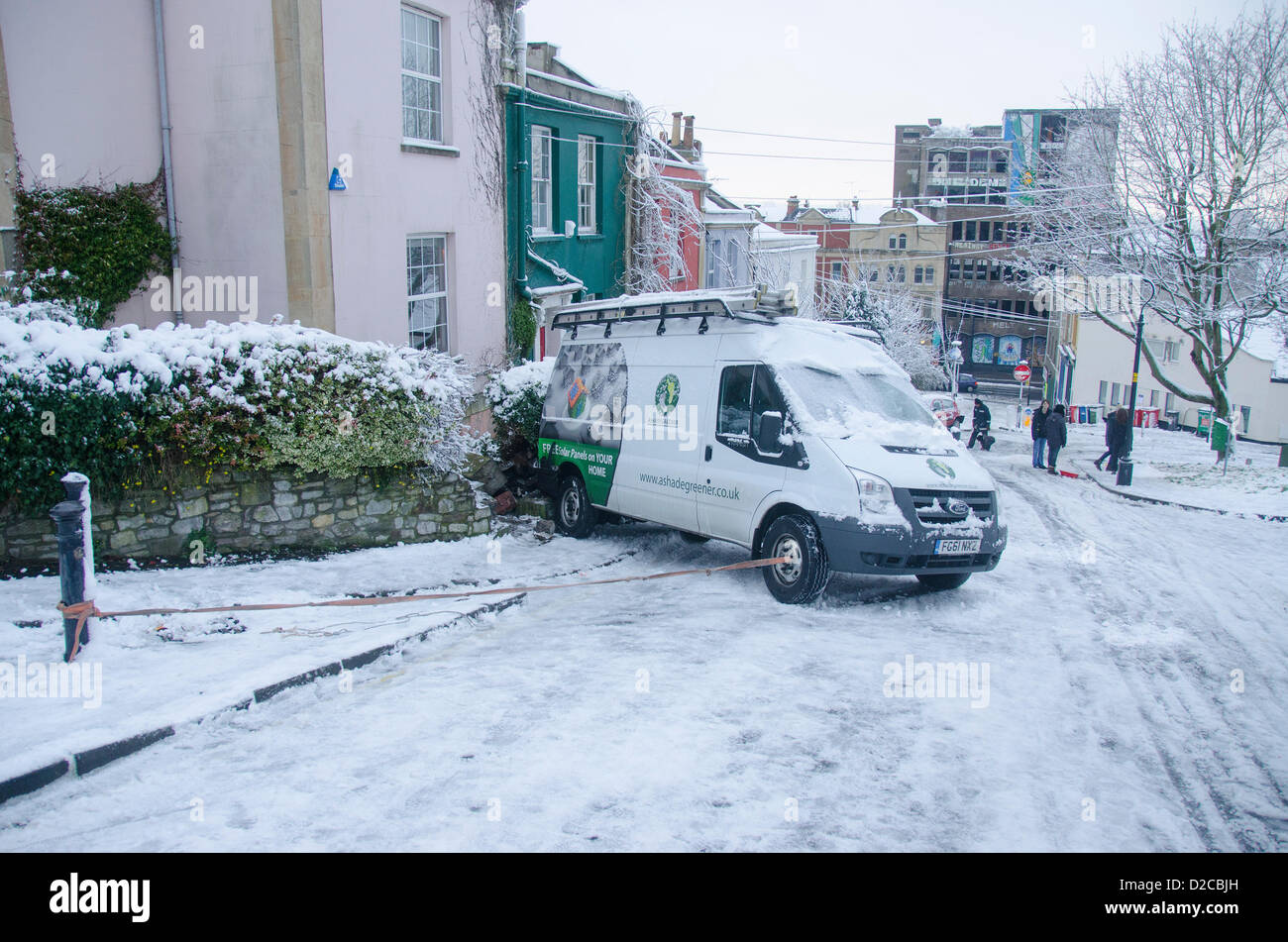 Nine Tree Hill, Bristol, UK, Friday 18th January 2013. Van crashed into wall and has been secured with rope. Alamy Live News Stock Photo