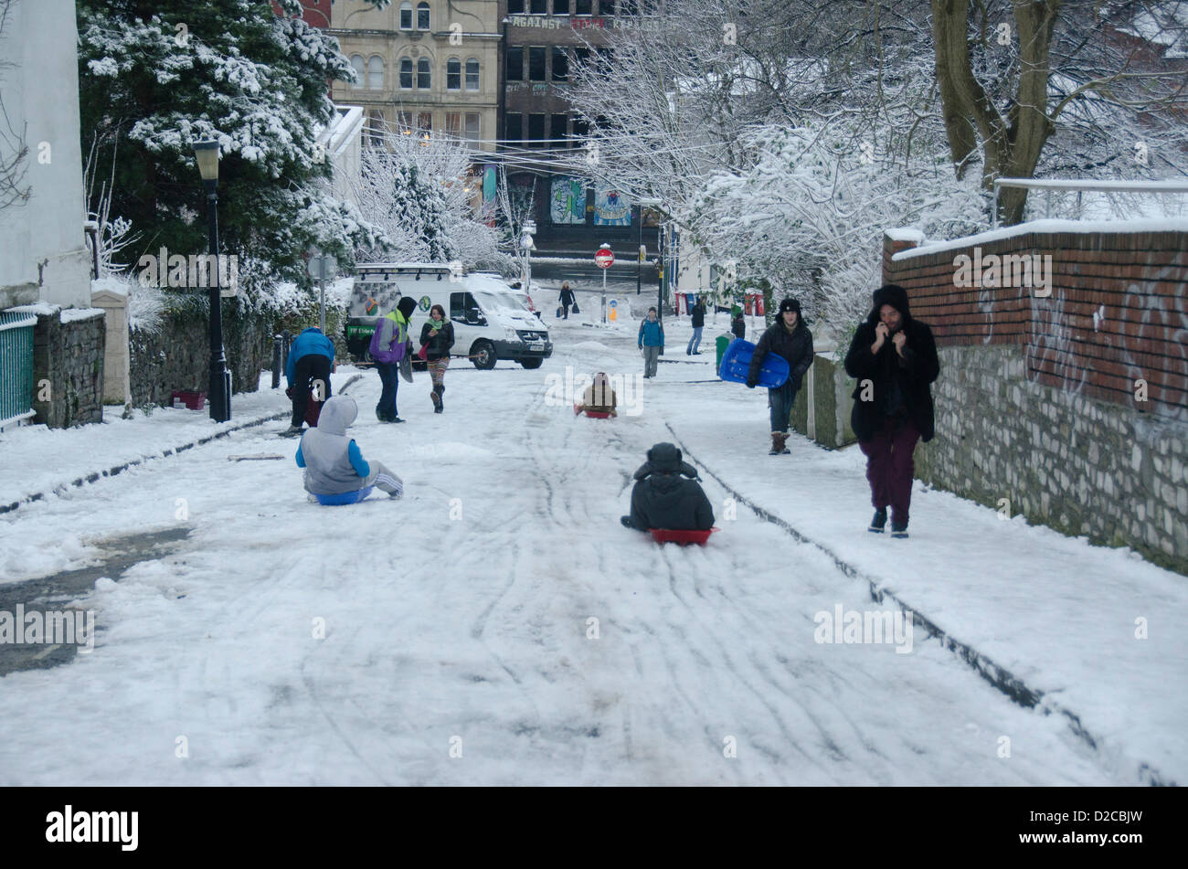 Nine Tree Hill, Bristol, UK, Friday 18th January 2013. People using bobsleds on the road down Nine Tree Hill. Alamy Live News Stock Photo