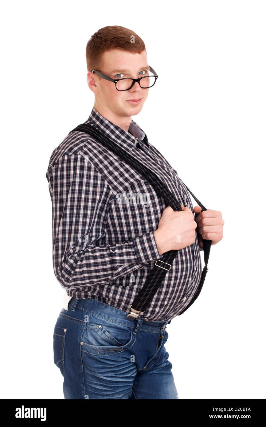 Portrait of young man with big belly Stock Photo