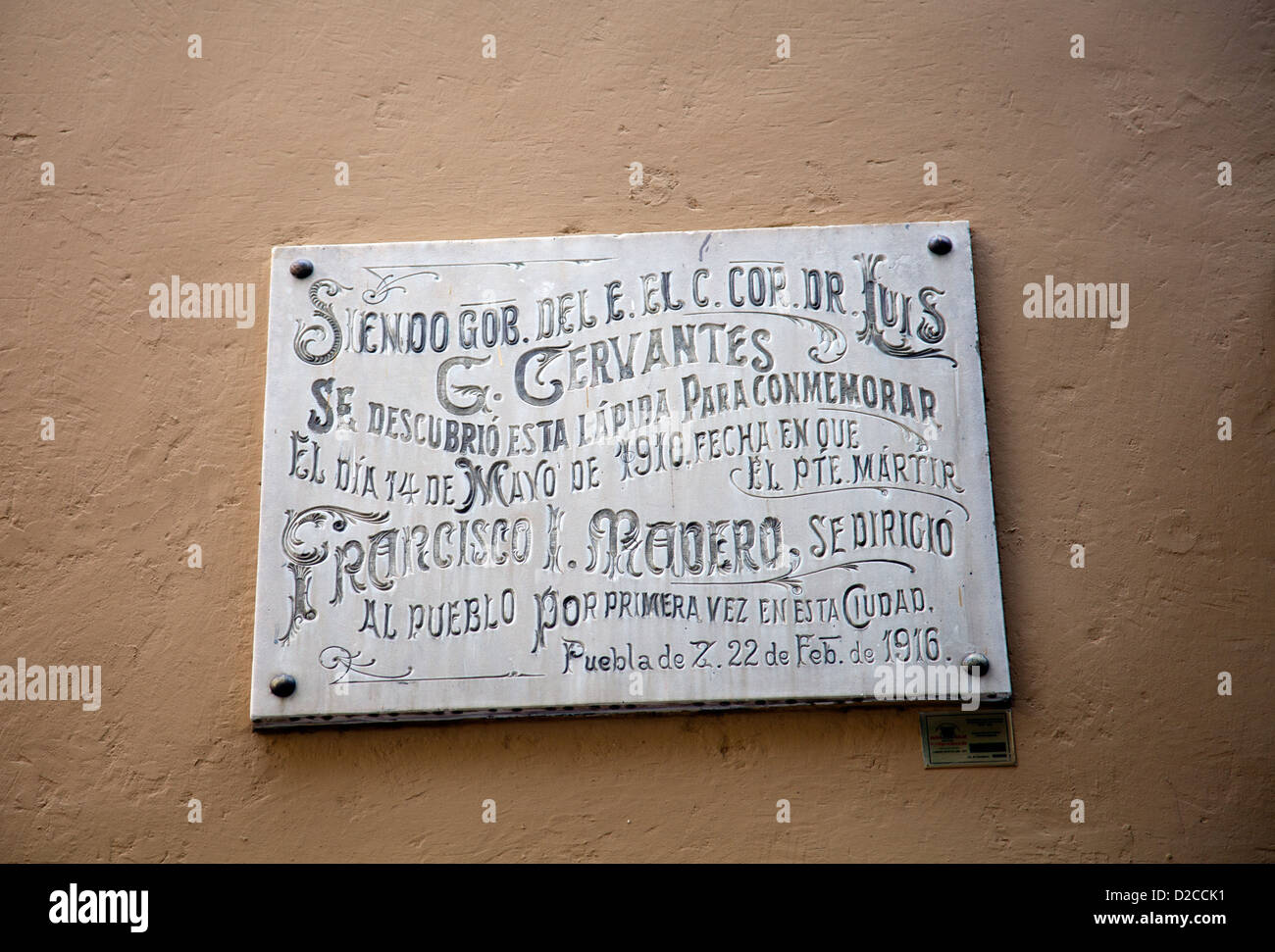 Plaque in Puebla to commemorate 14 May 1910 - the Day Francisco Madero Stock Photo