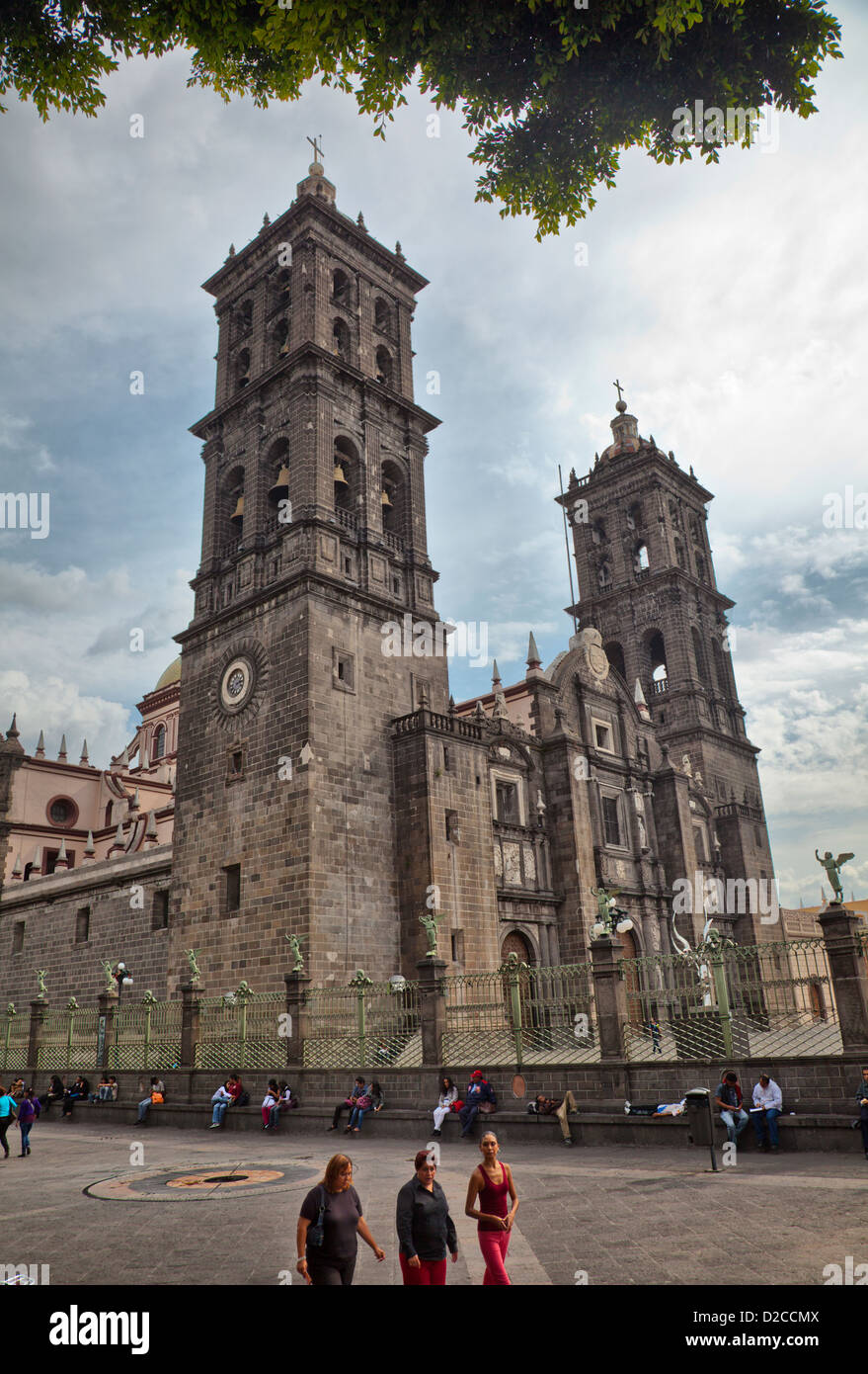 Puebla Catedral on the Zocalo in Puebla - Mexico Stock Photo