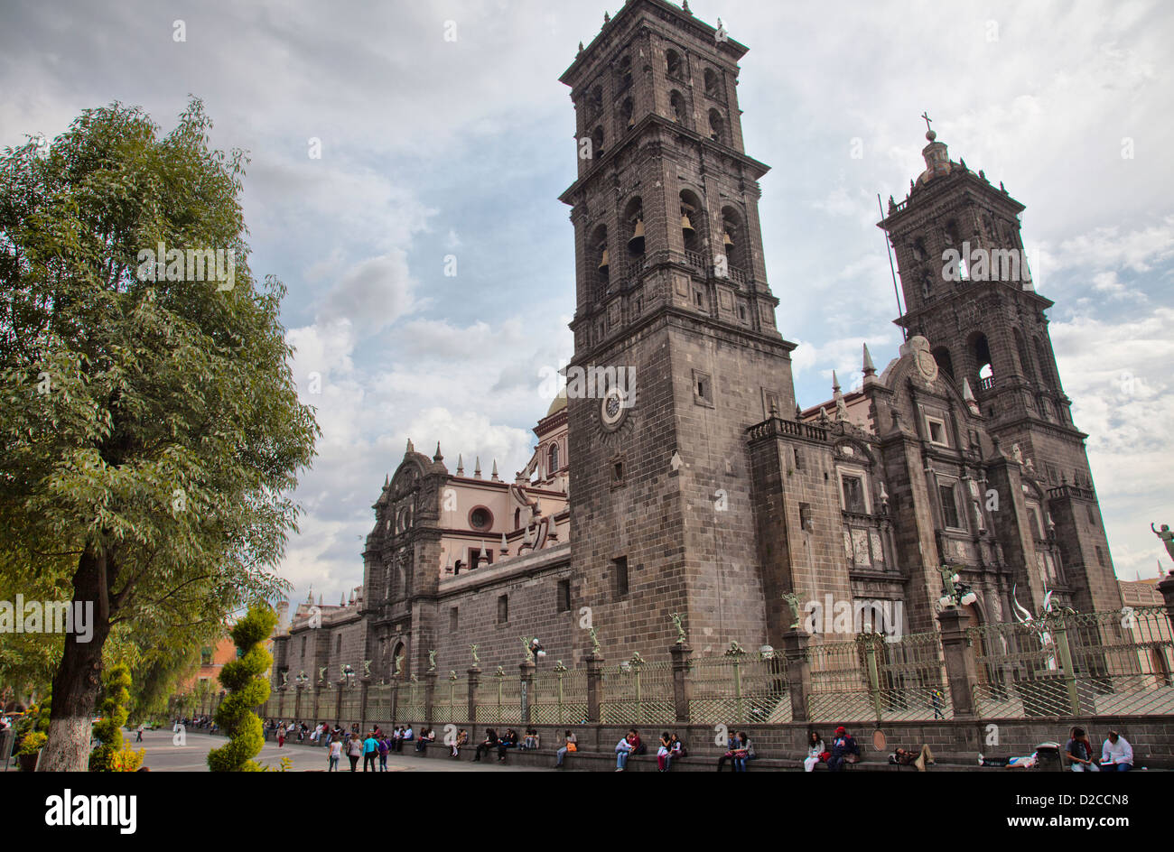 Puebla Catedral on the Zocalo in Puebla - Mexico Stock Photo