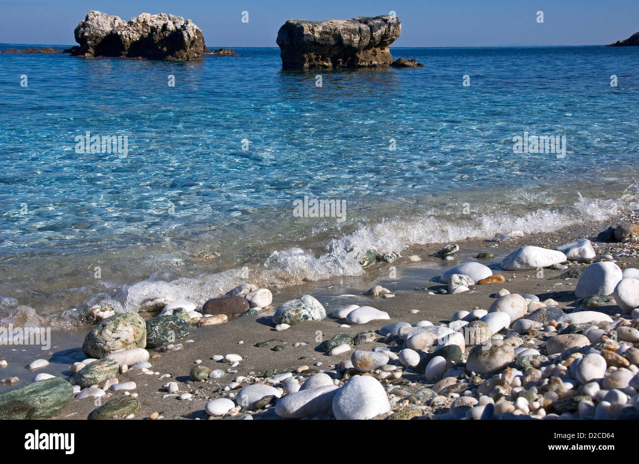 Pebble beach at the Aegean coast of Pelion Peninsula Stock Photo