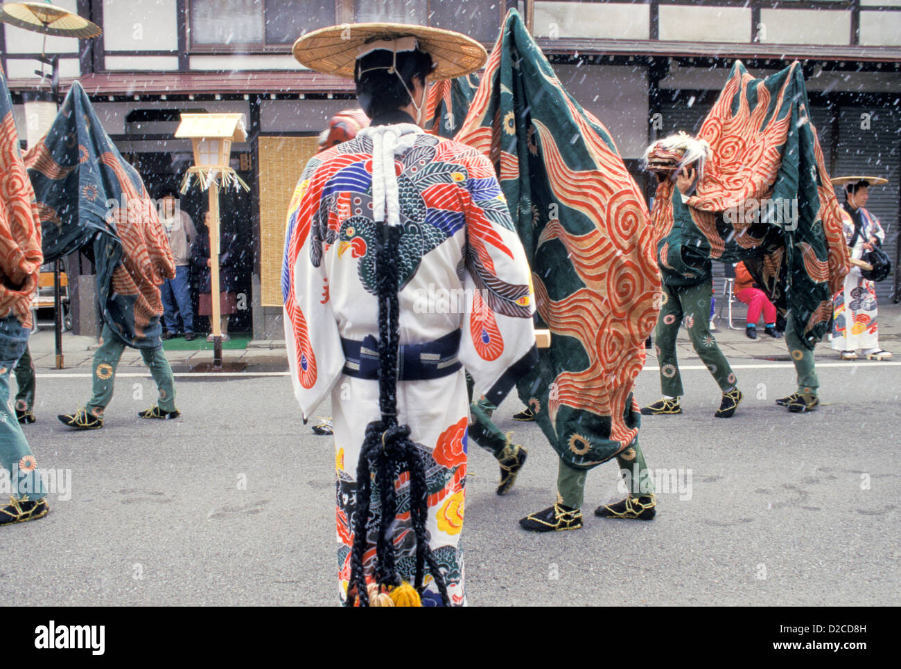 Japan, Takayama. Men Dressed As Lions In Procession At Festival. Stock Photo