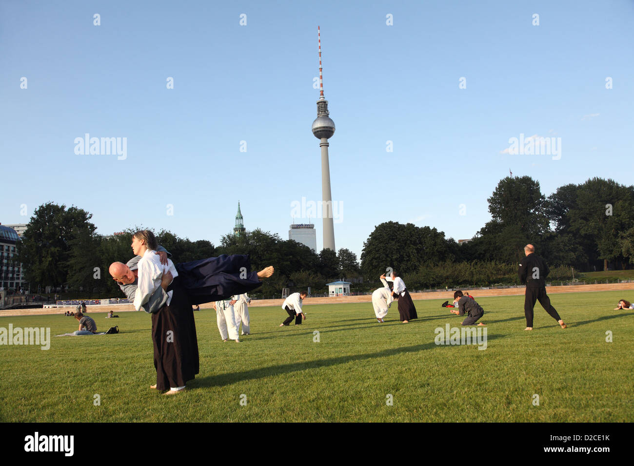 Berlin, Germany, martial arts on the Palace Square, the backg. the TV