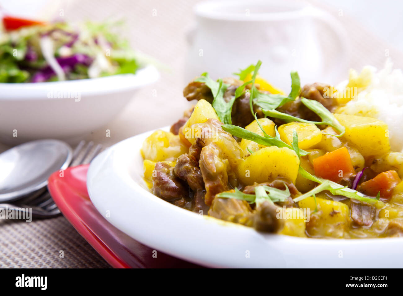 Curry beef and vegetable is a kind of braised spice food with carrot and potato. Stock Photo