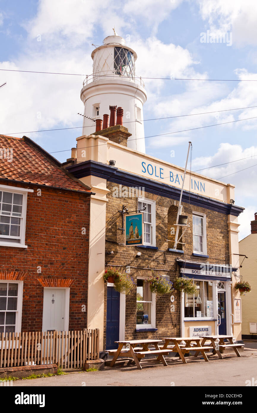Sole bay inn and lighthouse in the town of Southwold, Suffolk, England. Stock Photo